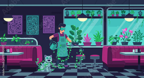 Pixel Art Gardener Watering Plants in a Retro Diner with a Curious Cat Companion