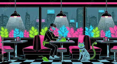 Retro futuristic diner scene featuring a person and a cyborg cat in a vibrant neon-lit urban setting