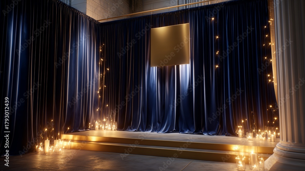 Fototapeta premium Elegant display featuring curtains, candles, and a golden backdrop in a grand setting