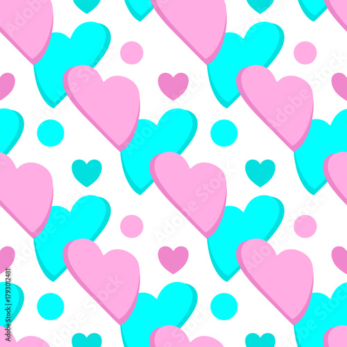 Playful seamless pattern with pink and blue pastel hearts and dots on white background, perfect for Valentine's Day, wrapping paper, or romantic design projects.