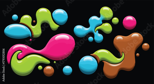 Glossy abstract fluid shapes and vibrant colorful liquid blobs flowing on a dark background creating a modern artistic design element