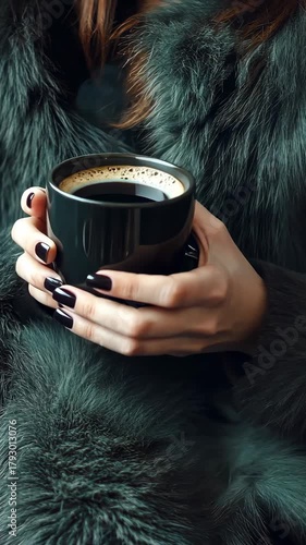 female hand fur and cup of coffee. Drink.
