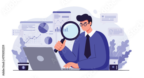 Professional meticulously examining market trends and financial reports using digital tools and detailed analytical insights