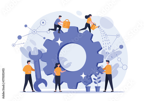 Collaborative team working together to maintain and optimize a large mechanical system for business growth