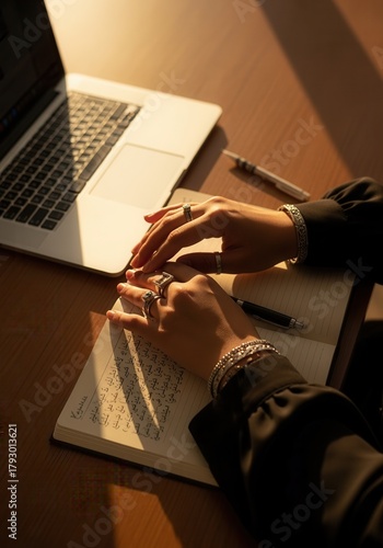 Woman's hands writing Arabic calligraphy in a notebook at a desk. Student learning a new language with a laptop in warm sunlight.