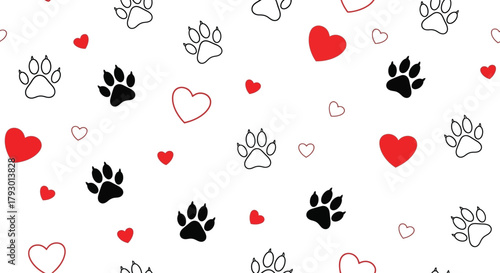 Animal Paw Prints with Hearts Seamless Pattern on White Background, Love Design