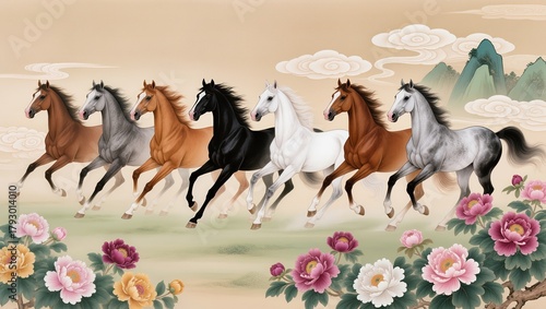 Gongbi style painting in the high court style, portraying eight vibrant horses galloping past blooming peonies, symbol of wealth and honor.