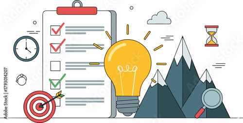 Illustration of a checklist, light bulb, and target on transparent background