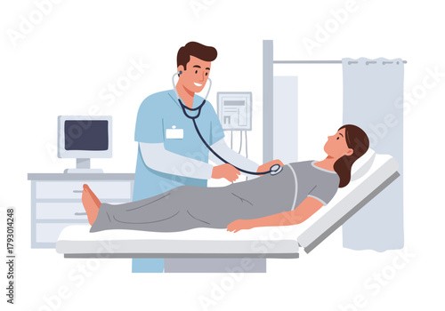 A friendly male doctor conducting a medical check-up on a female patient in a professional healthcare setting illustration