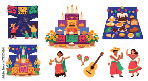 Illustrative day of the dead celebration with altars, music, and festivities on transparent background