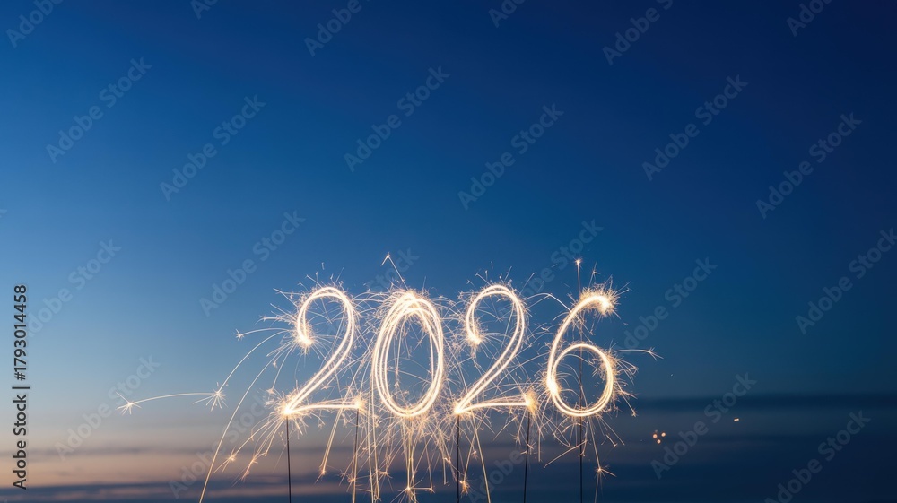 Obraz premium New Year 2026 Sparkler Light Painting - Golden '2026' on Deep Blue Twilight Sky, Copy Space Banner