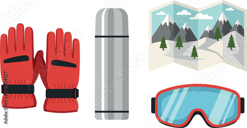 Winter gear: red gloves, thermos, mountain map, and ski goggles on transparent background