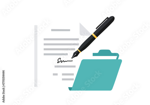 Professional illustration of a fountain pen meticulously signing a crucial document over an open file folder, symbolizing agreements and official
