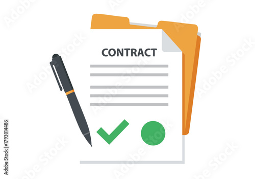Digital representation of a business contract document in a folder with a pen and approval marks indicating agreement and successful completion