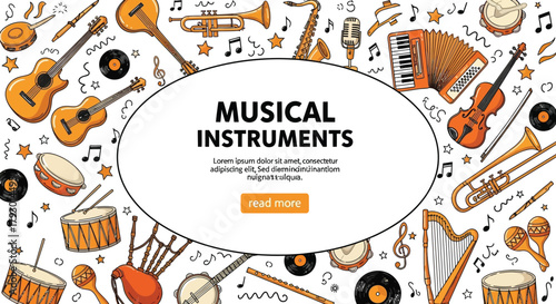 Assorted Musical Instruments Hand Drawn Set with Guitars, Trumpets and Accordions