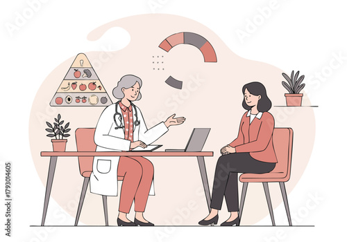 Professional healthcare provider discussing dietary recommendations and lifestyle choices with a female patient during an important wellness
