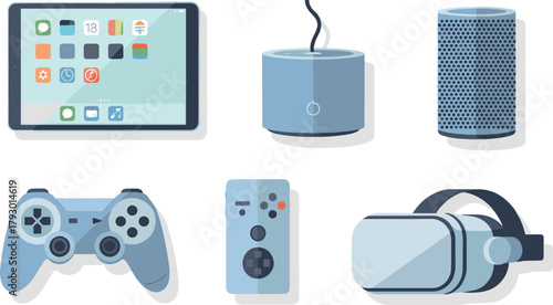 Flat lay illustration of tablet, smart speaker, router, game controllers, and vr headset on transparent background