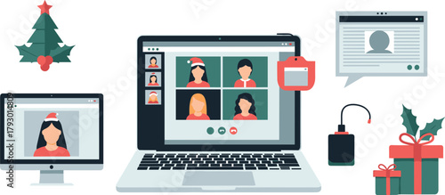 Holiday video call setup with laptop, monitor, and christmas decorations on transparent background