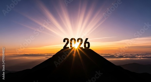 New Year 2026 Sunrise on Mountain Peak - Celebrating the year 2026 with the sunrise over a mountain. Symbolizing hope, achievement, aspiration, beginning, and future