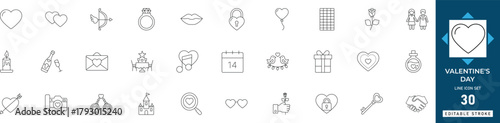 Valentine’s Day icon set featuring love, heart, couple, gift, and romance symbols. Editable line vector illustration perfect for greeting cards, wedding, and romantic projects