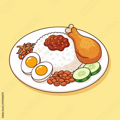 Nasi Lemak Asian Rice Meal Cartoon Vector Illustration
