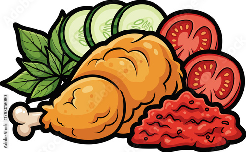 Indonesian Ayam Goreng Fried Chicken with Sambal Vector Illustration