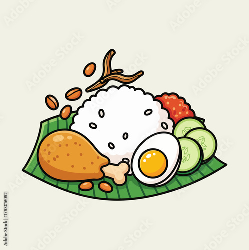 Cute Graphic of Rice, Fried Chicken, and Boiled Egg Plate