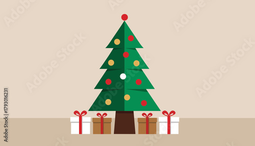 Minimalist Flat Design Christmas Tree with Presents for Holiday Season Decoration
