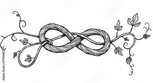 Elegantly hand-drawn organic infinity knot intertwined with delicate botanical tendrils and lush leaves illustrating eternal natural beauty and growth