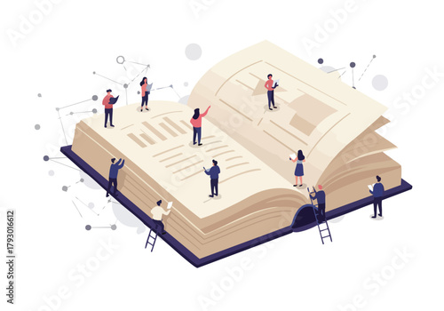 Collaborative knowledge exploration with tiny figures examining an expansive open book symbolizing collective learning and intricate data networks