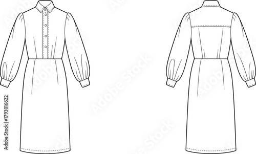 Long sleeve midi dress technical flat sketch, front and back view, fashion CAD design template, vector clothing illustration, detailed apparel drawing