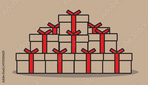 Illustration of Stacked Brown Gift Boxes with Red Ribbons in Pyramid Formation
