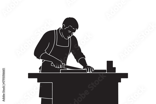 Silhouette of a butcher preparing meat on a cutting board