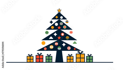 Minimalist Flat Design Christmas Tree with Gifts Illustration for Holiday Season Marketing