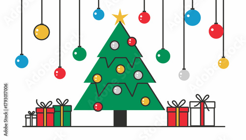 Minimalist Flat Design Christmas Tree with Hanging Ornaments and Gifts Illustration