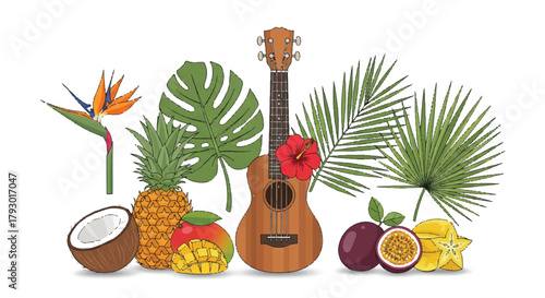Flat 2D vector illustration featuring a Hawaiian ukulele, vibrant tropical fruits such as pineapple and mango, and lush exotic foliage arranged for a summery scene on a clean white background.