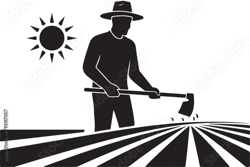 Farmer Working Field Under Sun Silhouette 