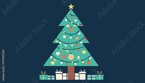 Minimalist Flat Design Christmas Tree with Gifts Illustration on Dark Background