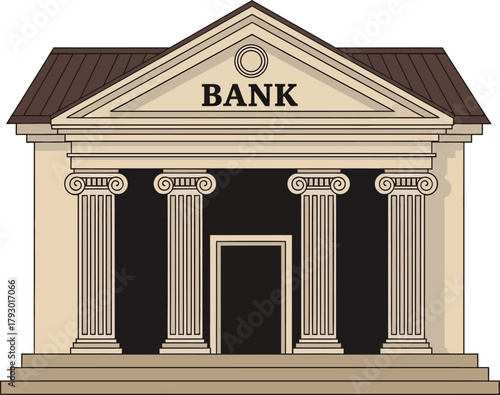 Bank Building Facade with Columns Architectural Design Isolated on White Background