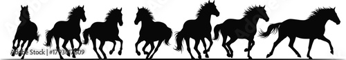 Black silhouette horses in galloping poses, dynamic animal motion, vector illustration for farm design, equine icon set, minimal style, speed concept