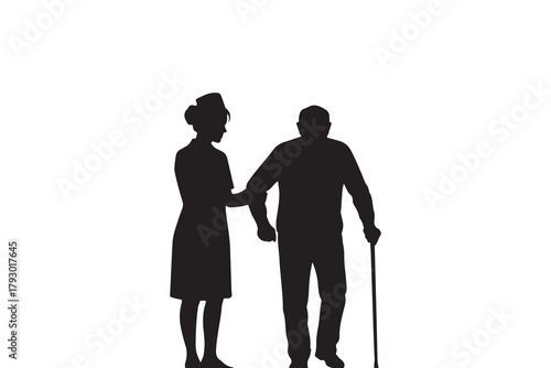 Silhouette of a nurse assisting an elderly man with a cane