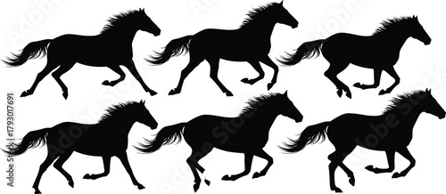 Black silhouette horses in motion, running and trotting poses, vector illustration for farm design, equine icon set, minimal style, dynamic concept