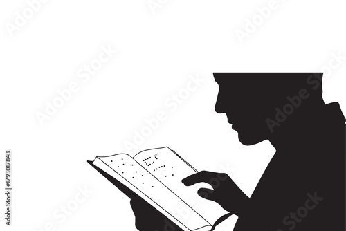 Silhouette of person reading a braille book dots tactile