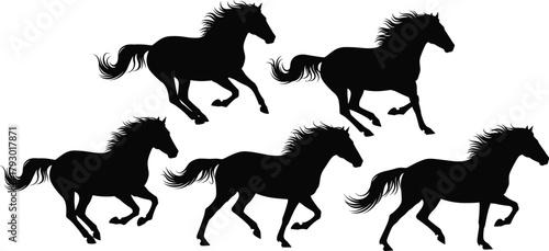 Black silhouette horses in running poses, dynamic animal motion, vector illustration for farm design, equine icon set, minimal style, speed concept