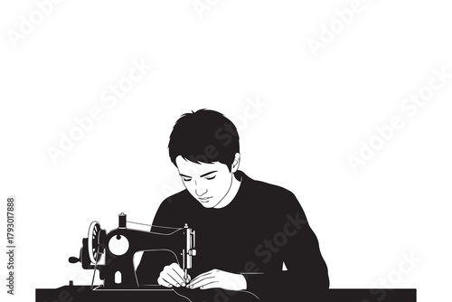 Silhouette of a young man sewing with a vintage sewing machine