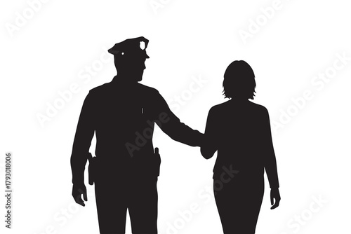 Silhouette of a police officer escorting a woman law enforcement