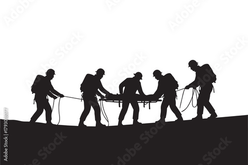 Silhouette of rescuers carrying a stretcher with ropes