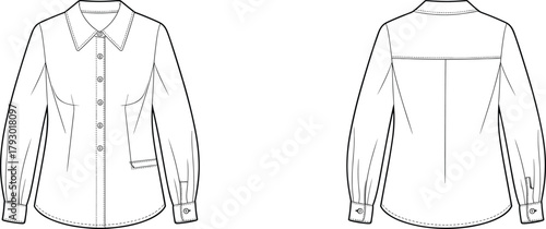 Long sleeve blouse technical sketch, front and back view, button closure, pointed collar, princess seams, welt pocket, fashion illustration, garment construction drawing