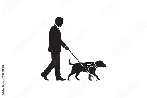 Silhouette of a blind man with a guide dog and cane