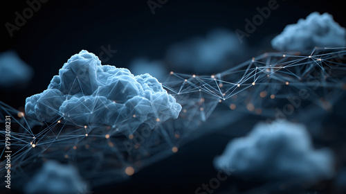 Cloud computing, an artistic depiction of interconnected data represented by a network of glowing nodes and lines forming clouds. A visual metaphor for digital transformation
